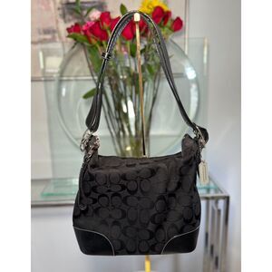 Coach Black Signature Shoulder Bag with Leather Trim